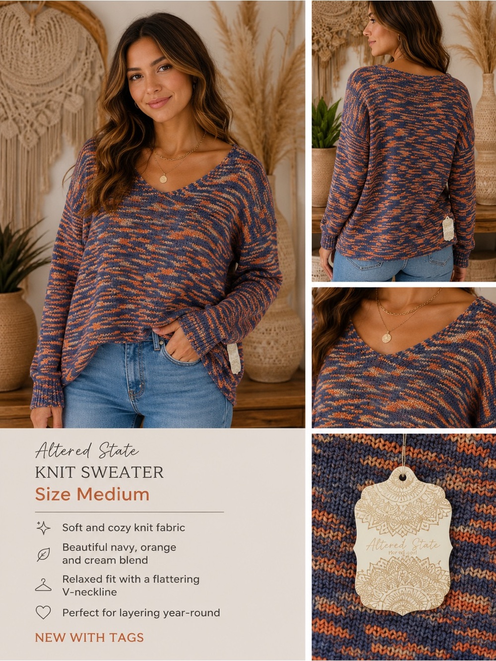 MWT Altar'd State Navy & Orange V-Neck Knit Sweater